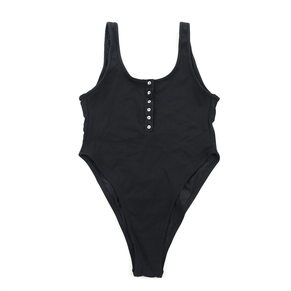 BEACH BUNNY Presley One Piece Henley Ribbed Swimsuit Black Sporty Minimal Baddie